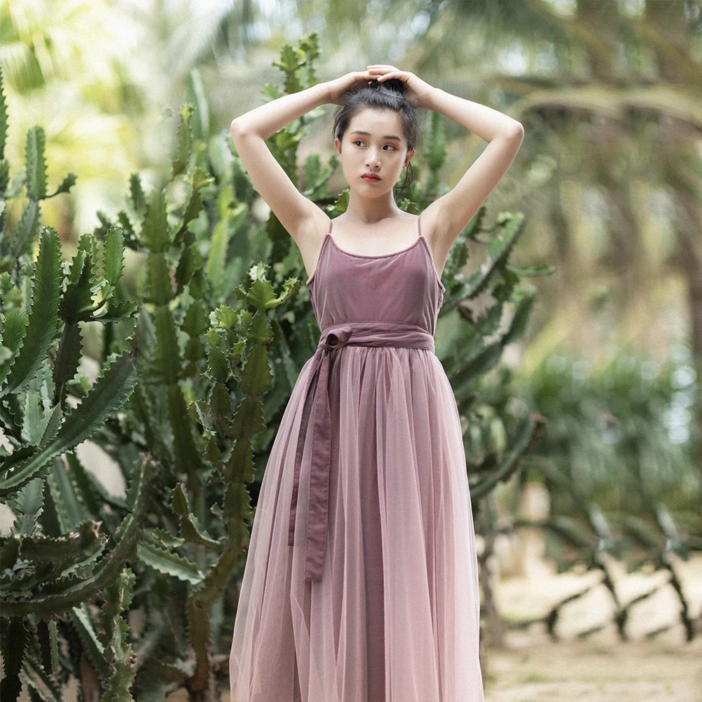

MM184 Original Design women clothing spaghetti straps midi long sleeveless vintage large bottom tulle dress summer 2017