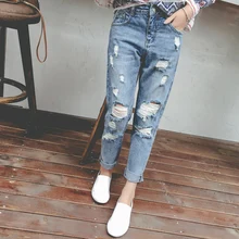 2018 trendy ripped elastic waist women jeans woman jeans with high waist ladies mom denim pants femme boyfriend jeans for women