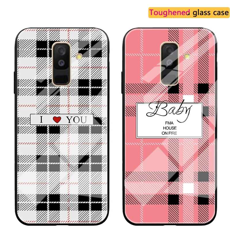 

Simple Love Creative Cover For Samsung Galaxy J5 J7 2016 Striped plaid glass Cases For Samsung Galaxy A6 Plus 2018 A9 Star lit