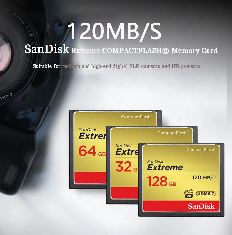 Sandisk Экстремальная CF карта 32G 64G 128G карта памяти UDMA-7 800X VPG-20 120 МБ/с./с компактный адаптер для флэш-карт для цифровых камер/DSLR камер