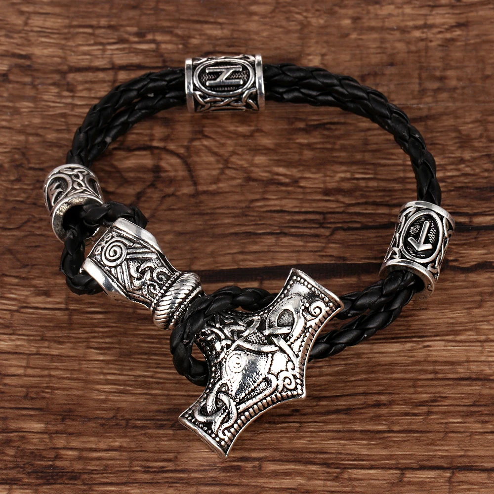 Buy Men's Black Leather Bracelet Antique Silver Viking