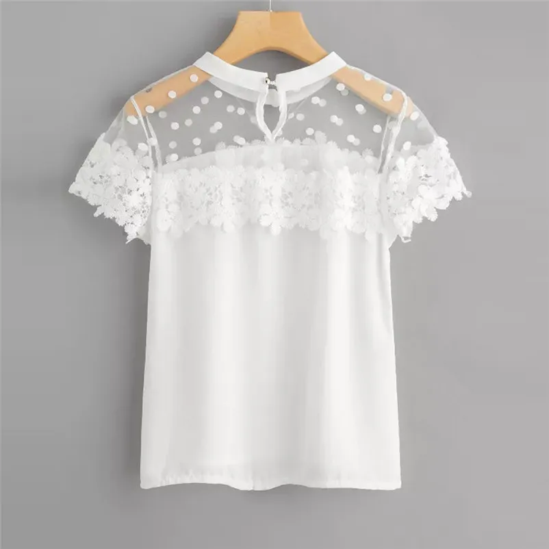 Fashion womens tops and blouses summer 2018 Short Sleeve Chiffon Lace Blouse Tops Clothes White T Shirt camicette Y16#N  (1)