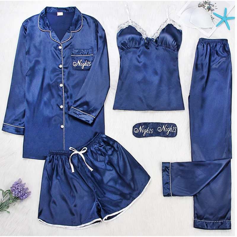 

Sexy Women's Robe Gown Sets Lace Bathrobe + Cami+Shorts+ pants 5 Pieces Sleepwear Womens Sleep Set Faux Silk Robe Femme Lingerie