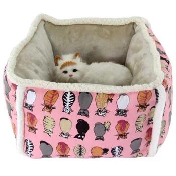 

Warming Plush Cat Basket Cartoon Print Cat Kennel for Small Dogs Puppy Yorkies Kittens Removable Cushion High Tube Dog Bed House