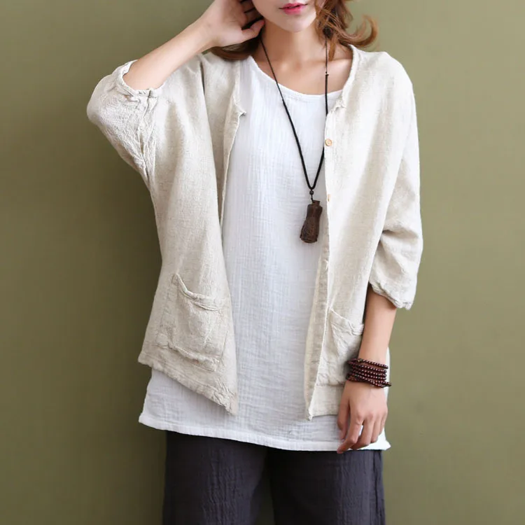 

Literary New Cotton And Linen Women Cardigan Solid Half Sleeve V Neck Simple Female Shirts Retro Lady Coat Art Casual Tops 2018