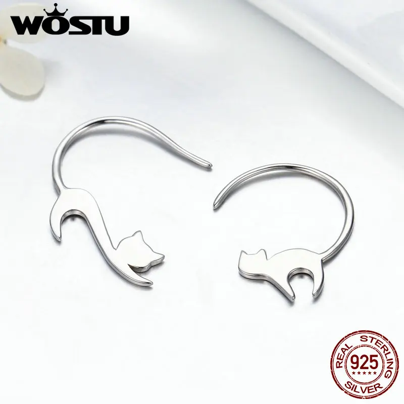 

WOSTU 2020 Pure 925 Sterling Silver Asymmetry Animal Loving Cute Cat Hook Earrings Women Unique S925 Jewelry Girl Gift BKE073