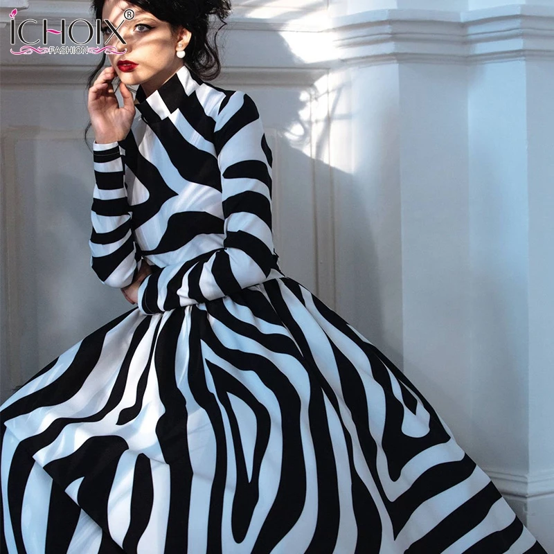

ICHOIX 2019 Spring Elegant Long Dress Vintage Zebra Print Striped Female Office Dress Women Evening Party Warm Maxi Dresses