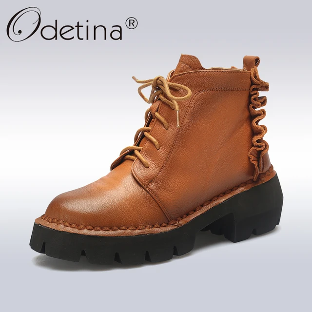 Women's Genuine Leather Booties Ankle Boots Round Toe Lace Women's Genuine Leather Booties Ankle Boots Round Toe Lace