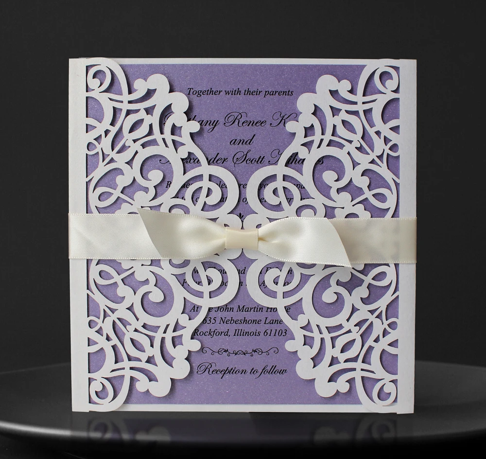  White Wedding Invitations Cards with Ribbon Bows - Set of 50 - 32721078233