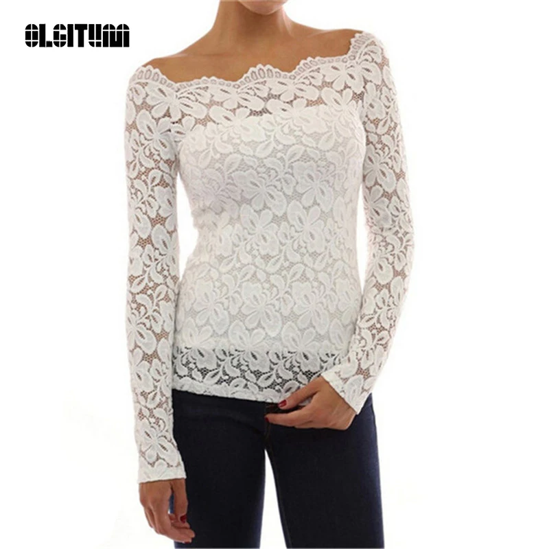 

Fashion Woman Blouses 2019 Summer Women Blouses Off Shoulder White Lace Blouse Chiffon Long Sleeve Women Shirts