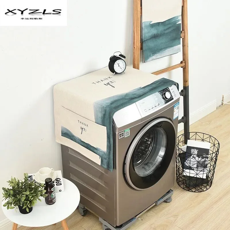 

XYZLS Dual-purpose Washing Machine Covers Letters Printed Refrigerator Cotton Linen Dust Cover with Storage Bag 1Piece