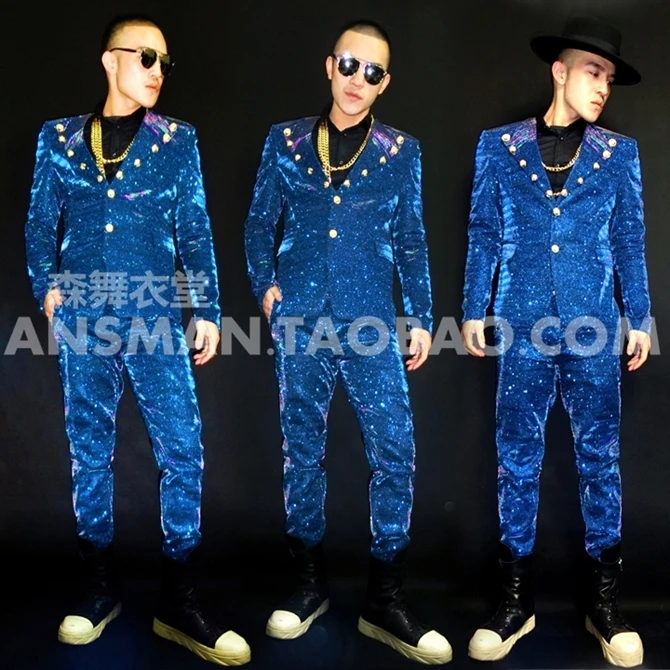 S-5xl 2021 Мужская мода Dj мигающий синий костюм для суда лацкан пальто размера плюс
