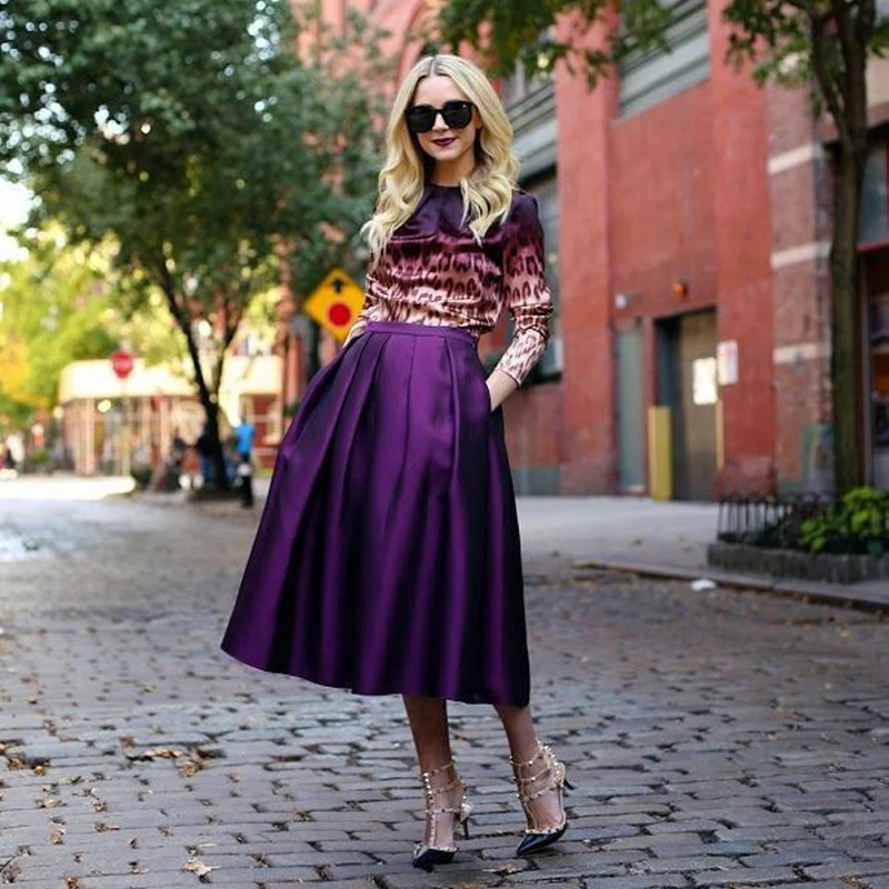 Autumn Purple Satin Skirt With Pockets High Waist Tea Length Midi Skirt For Women Fashion Bridesmaid Party Skirts