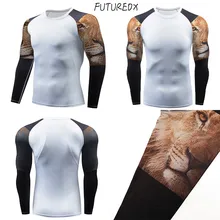 Новейшая Мужская компрессионная футболка с 3D-принтом головы льва, с длинными рукавами, для бега, фитнес-тренировки, высокое качество, для бега
