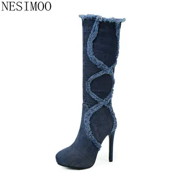 

NESIMOO 2019 Women Knee High Boots Thin High Heel Denim Fashion Women Shoes Zipper Sexy Women Boots Size 34-43