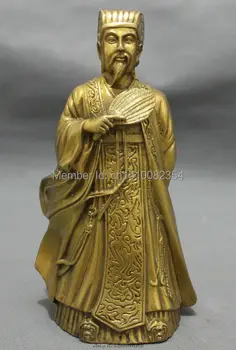 

Chinese Brass Famous Strategist Standing Zhuge Liang KongMing Hold Fan Statue
