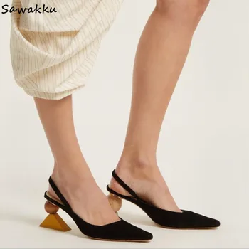 

Stylish Strange Style Shoes Woman Suede Leather Asymmetrical Square Heels Gladiator Sandals Pointed Toe Runway Slingbacks Pumps