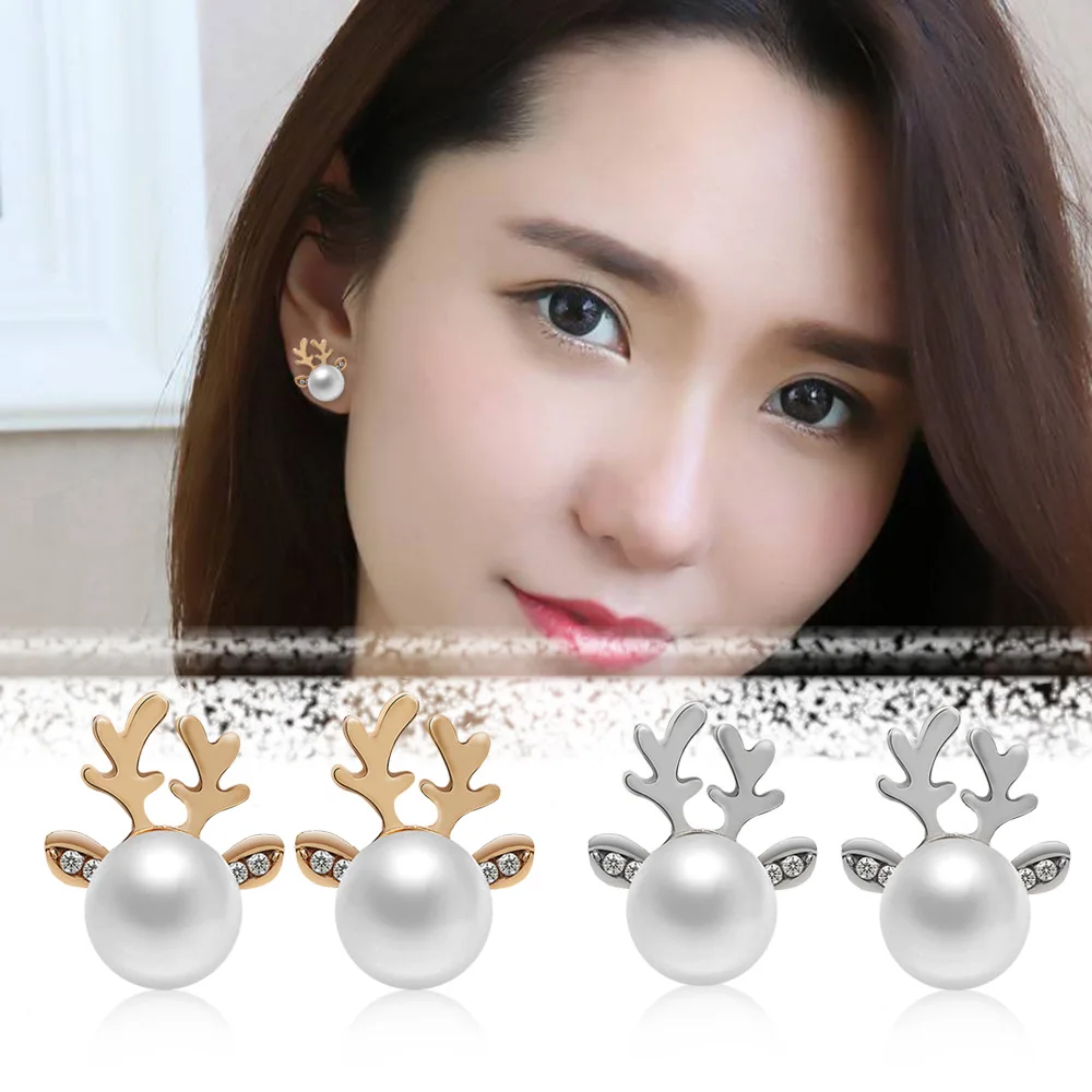 

1Pair New Xmas Fashion Deer Ear Studs Elegant Reindeer Imitation Pearls Earrings For Women Jewelry Accessories brincos 2018