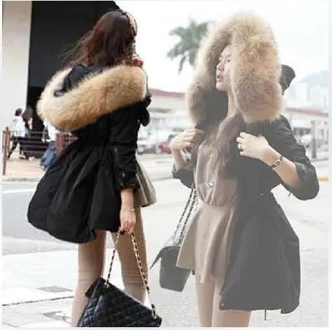 2016 Winter New Korea Parkas Women Plus Size Hooded Raccoon Fur Black Coats Tooling Cotton Jacket