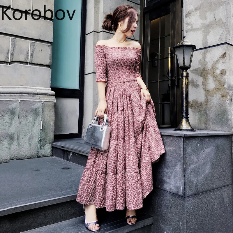 

Korobov Slash Neck Floral Print Sexy Dress Short Sleeve Long Bohemian Dresses A-Line Draped Beach Style Mujer Vestidos 77538