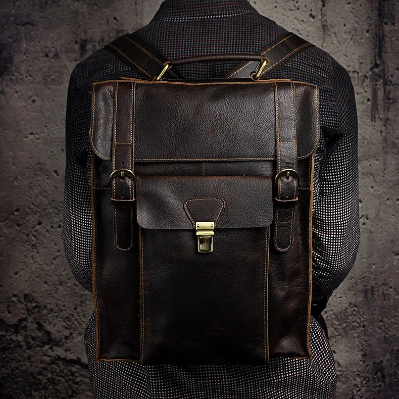 Men Real Leather Designer Casual Travel Bag Male Fashion Backpack Daypack University Student School Book Bag Shoulder 2106