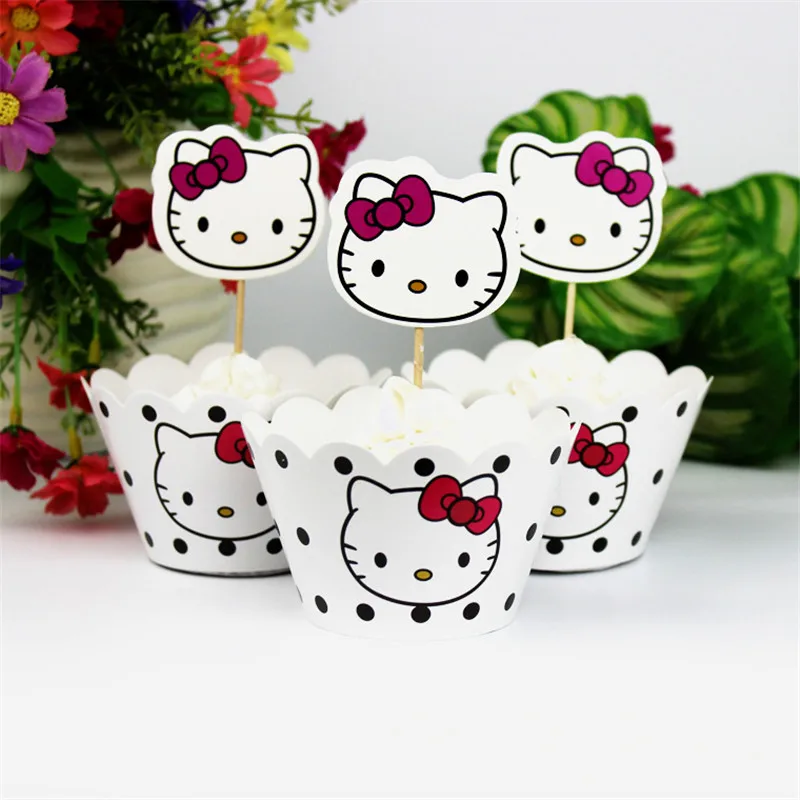 24pcs Kitty Birthday Party Supplies Cake Dessert Topper