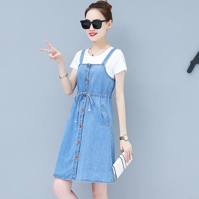 Summer Jeans Dress Women Shirt Washed Sleeveless Suspender Denim Dress Sundress Denim Mini Dress Female Plus Size 2 Piece Sets