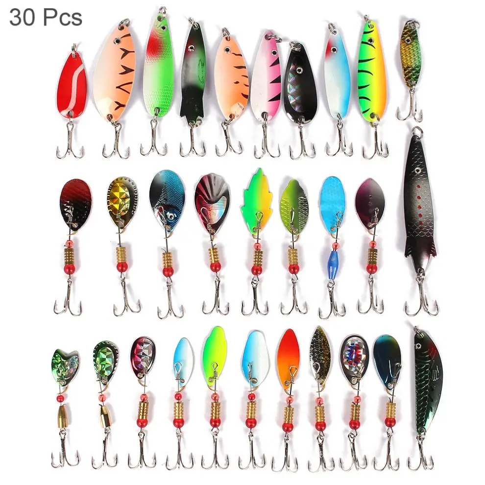 30pcs/set Metal Spinnerbait Spoon Fishing Lure Colorful Pattern Catfish Bass Lures Hard Spinner