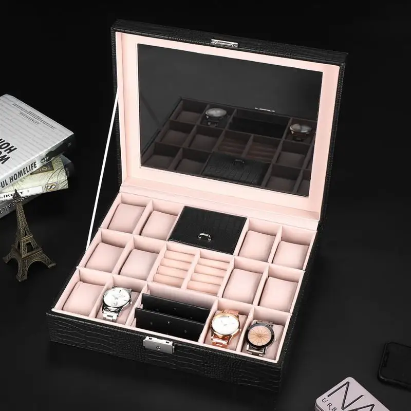 

2 In One 12 Grids+4 Mixed Grids PU Leather Watch Boxes Crocodile Pattern Storage Organizer Box Luxury Jewelry Ring Display Case