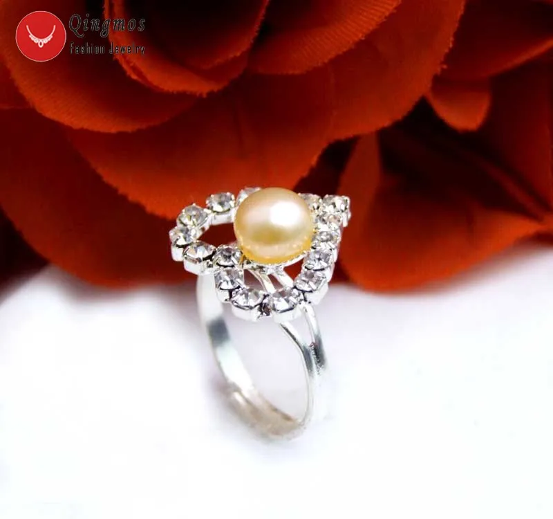 

Qingmos 15mm Heart Adjustable #8-9 Finger Ring for Women with 6-7mm Natural Pink Flat Round Pearl Ring In Jewelry Anillos Mujer