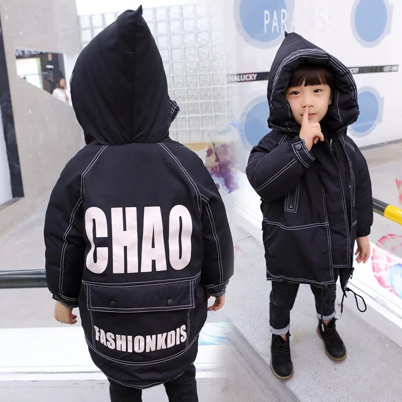 Children's clothing hooded letters long boy jacket autumn and winter new thick warm fashion personality cotton coat