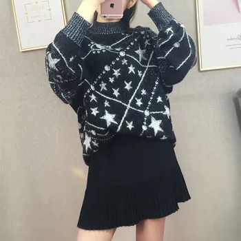 

2018 new Autumn and winter casual sweater for Women Star earth pullover long sleeve o-neck warm sweater with wool Ladies