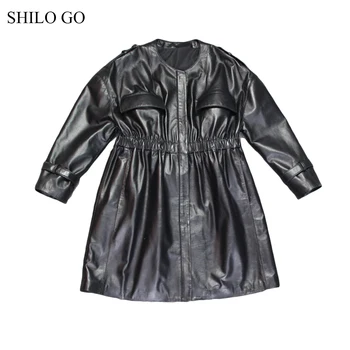 

SHILO GO Leather Trench Womens Spring Fashion sheepskin genuine leather long coat O Neck ruffles shoulder stretch waist loose