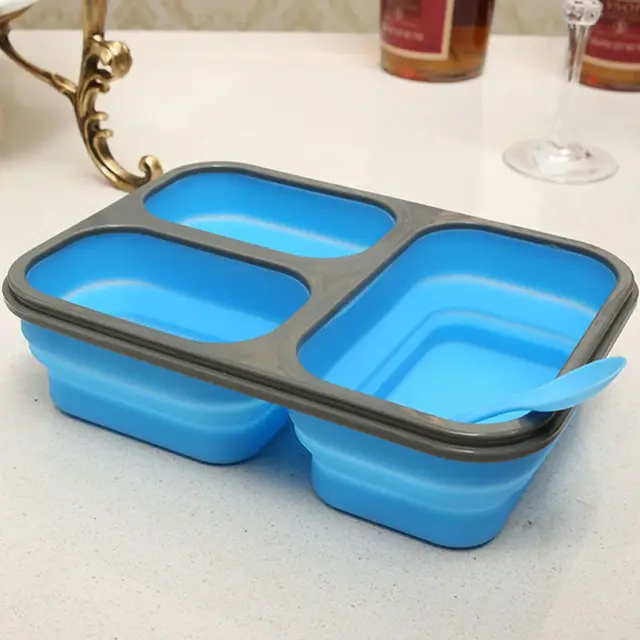  Lunch Essentials Blue Collapsible Silicone Lunch Box with  Spork: Home & Kitchen