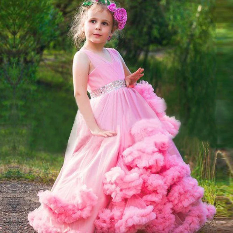 Ярко-Розовый Приятно Бальное платье Девушки Pageant Платья Бисером Puff Доступное Цветочница Платье Детский Праздник Платье Заказ Свободную Перевозку