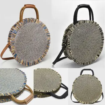 

Round Rattan Bag Handmade Straw Woven Circle Crossbody Handag for Women
