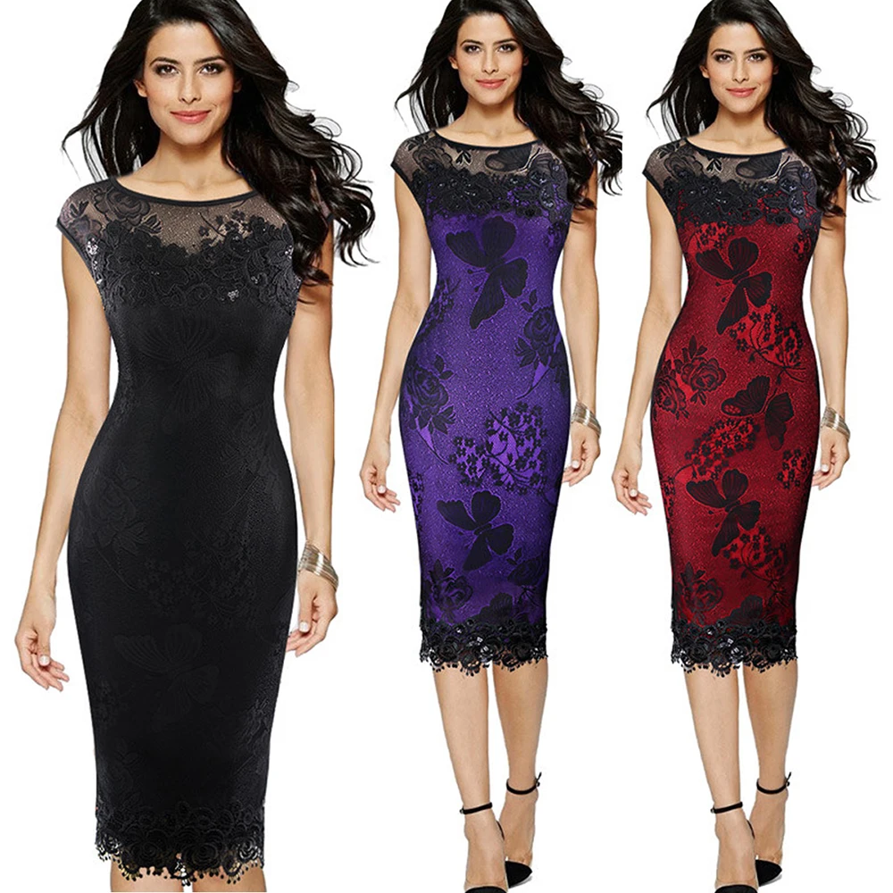 

Joineles 5XL Plus Size Women Pencil Dress Summer Fashion Exquisite Sequins Crochet Butterfly Lace Bodycon Dress Party Vestidos