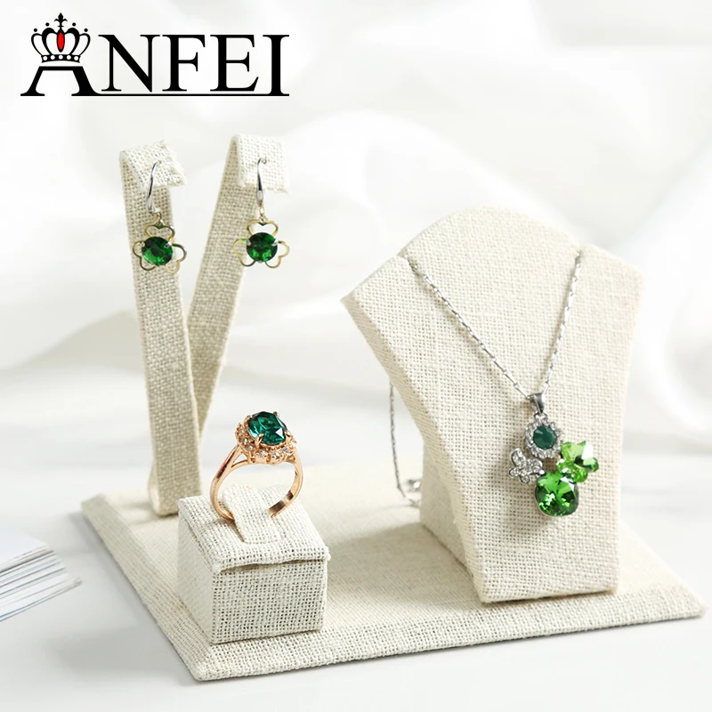 

ANFEI New Multifunction Jewelry Display Show Earrings/Ring/Necklace/Pendant Stand Holder With High Cream Linen Material GD016
