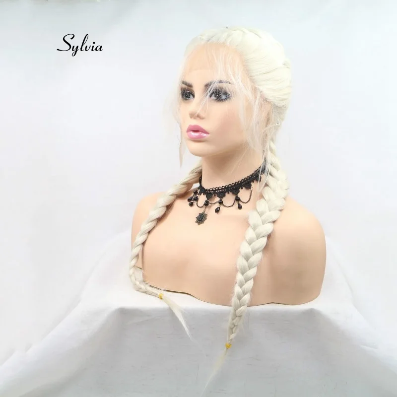 Sylvia белый блонд двойная оплётка парик с волосами младенца синтетическая оплетка Кружева передние парики термостойкие волокна волос средний пробор