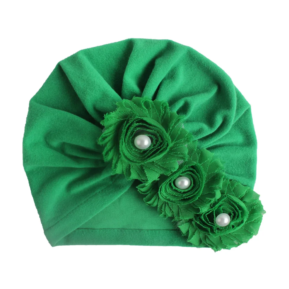 New Infant Newborn Caps with Pearl Chiffon Flowers Cotton Blend Kont Turban Girls Stretchy Beanie Hat Baby Hair Accessories