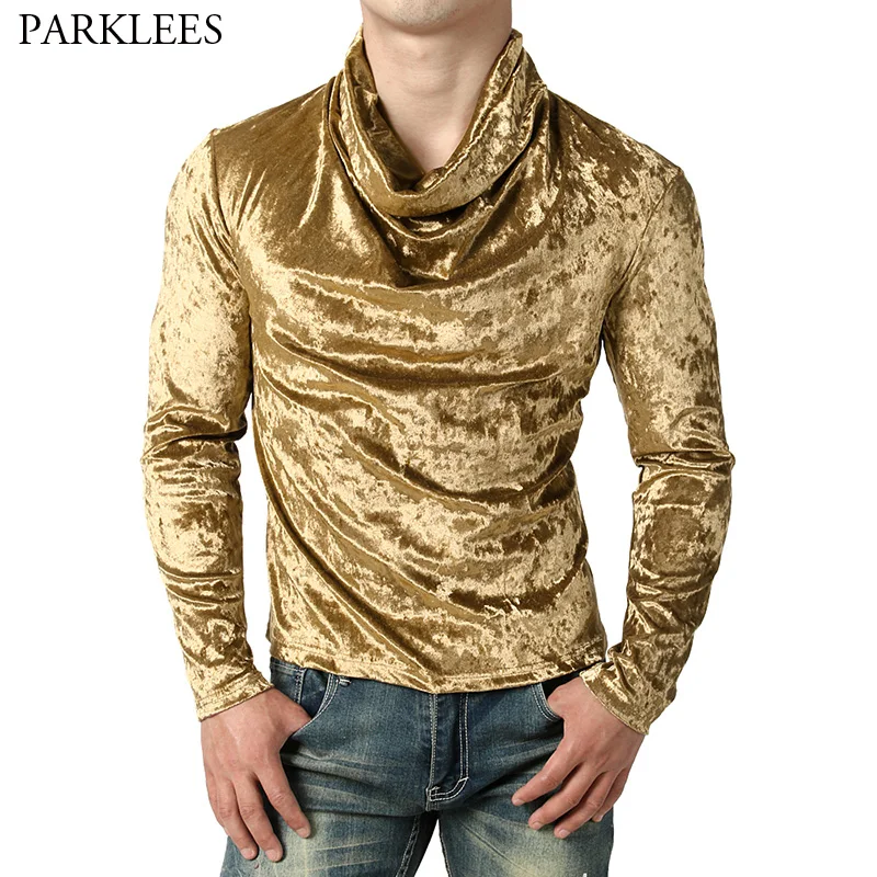 

Shiny Gold Velvet Velour Night Club T Shirt Men 2018 Autumn New Mens Slim Fit T Shirts Hip Hop Pile Collar Tee Shirt Homme Xxl
