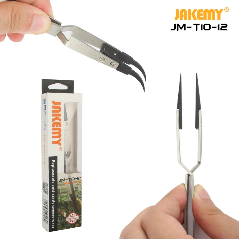 Jakemy JM-T10-12 Stainless Steel Precision Anti-static ESD Tweezers with Curved & Straight Plastic Tip for Phone Repair BGA Work