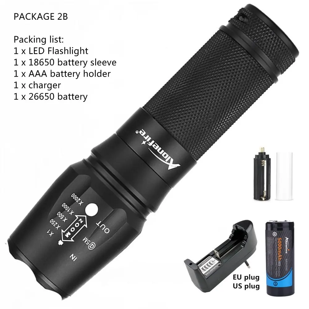 AloneFire X800 XM-L T6 L2 5000лм алюминиевый водонепроницаемый Zoomable CREE светодиодный фонарь для AAA 18650 26650 перезаряжаемый аккумулятор - Испускаемый цвет: Package 2B
