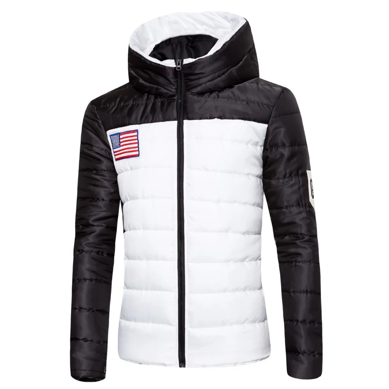 Hooded Cotton Padded Jacket Jacket Men’s Labeling Winter New American Flag Embroidered Standard Slim Padded Cotton