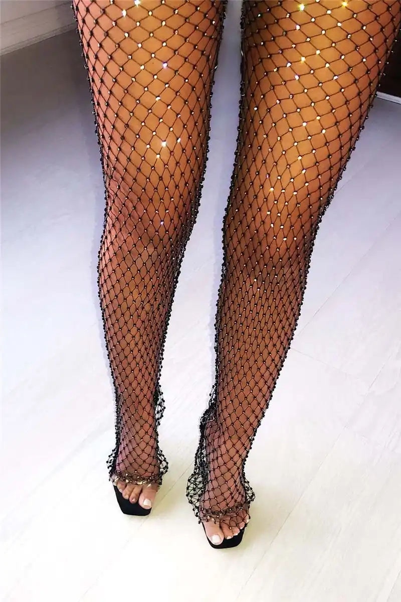 Beyprern Sparkle High Waist Leggings Embellished Mesh Diamante Pants