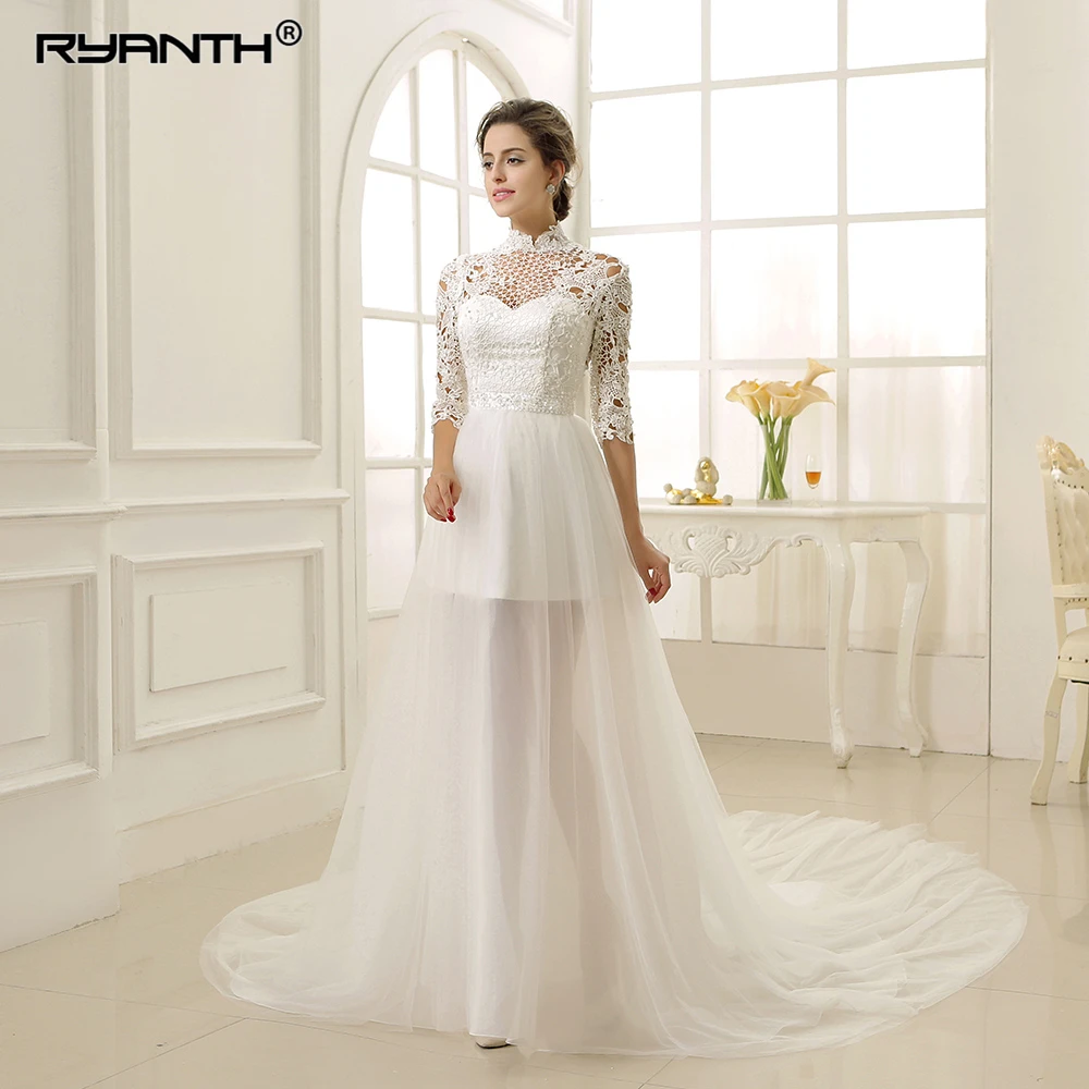 Длинным шлейфом Свадебное платье халат де mariée 2019 Новое поступление Vestido de noiva кружевное платье с высокой горловиной 3/4 одежда с длинным