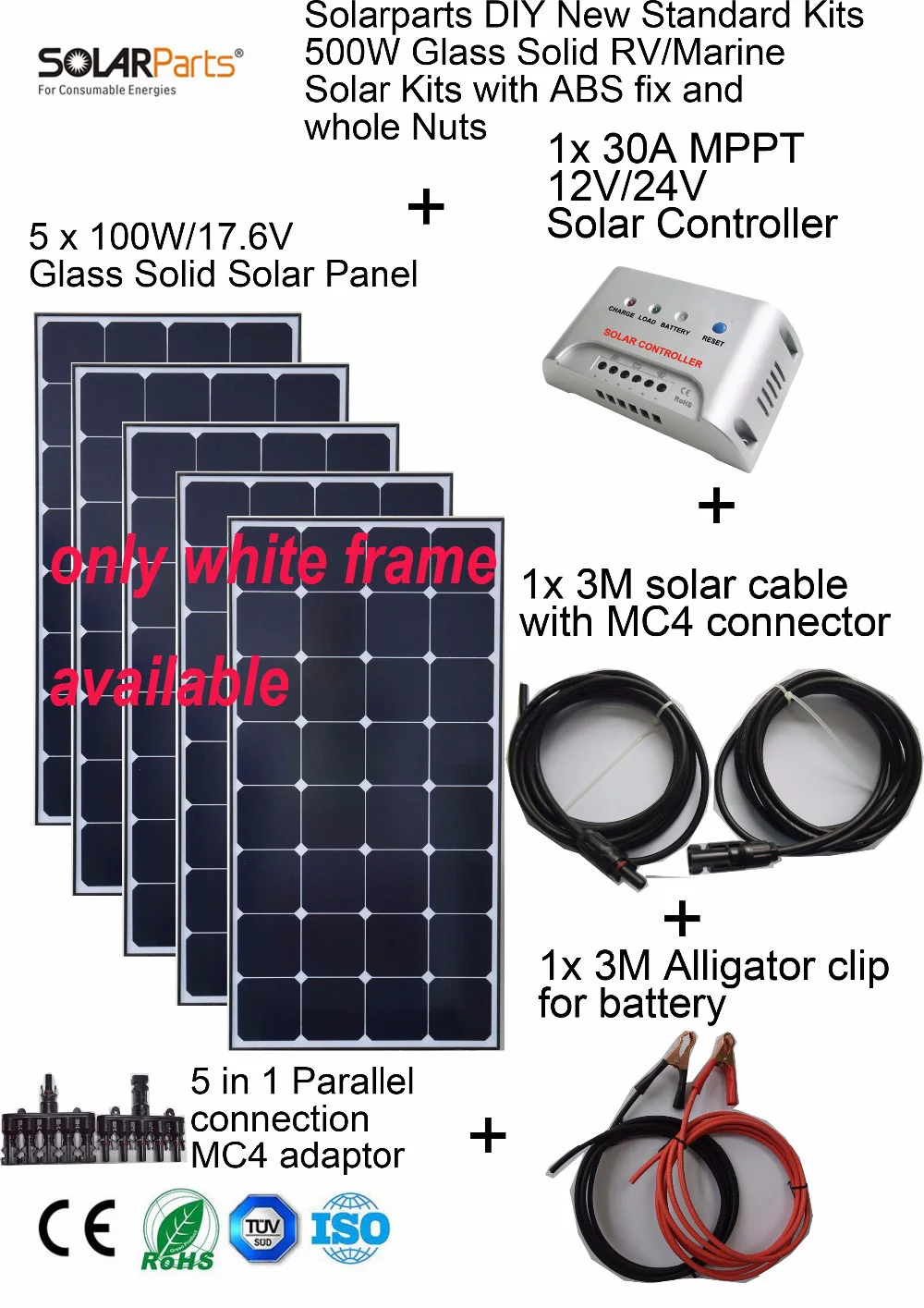 Solarparts 5x100W Monocrystalline Solar Module Sunpower LED light outdoor solar panel cell system DIY kits RV marine home camp