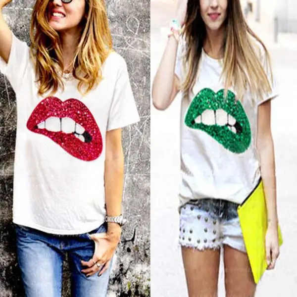 2015 Lato Style Bluzka Damska Bluzki Usta Cekiny Casual Koszulka Damska Odzież Blusas Femininas Clothing Hunters Shirt Ufcshirt Video Aliexpress