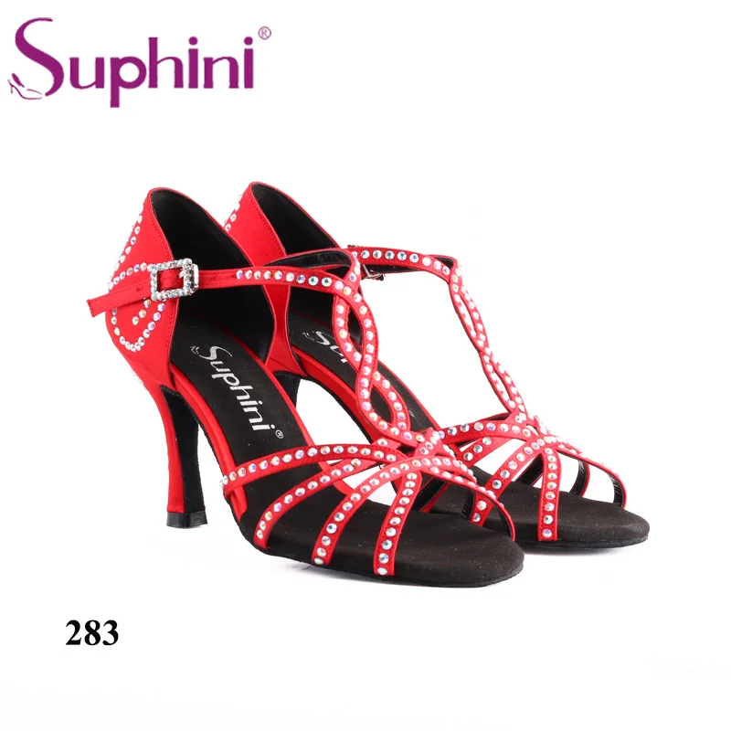 

Free Shipping Hot Sell Suphini Crystal Woman Salsa Dance Shoes Red Satin Professional Latin dance shoes