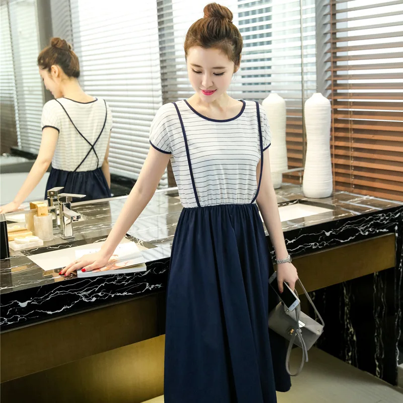 

2017 new summer dress pregnant women fashion stripe false two short sleeved plus size M-XXL maternity female dresses wear